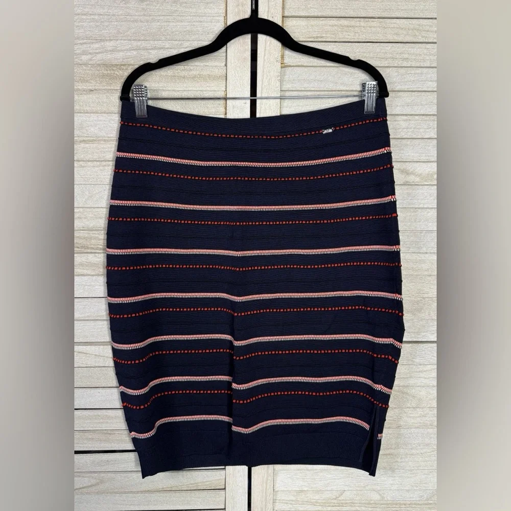 St. John Sport Knit Pencil Skirt Medium Navy Pink Stripe Designer Preppy Coastal